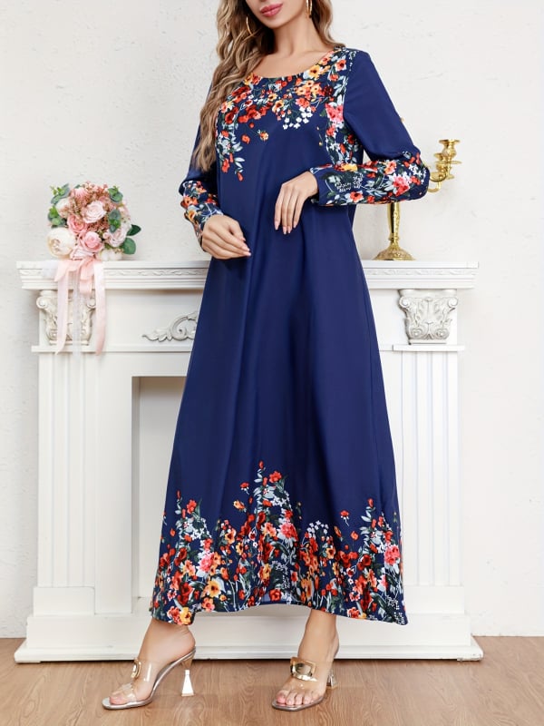 Maxi šaty s potlačou, veľkosť plus, polyester, voľný strih, 3/4 rukávy, letný kúsok