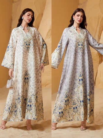 Sw1004 Abaya šaty s leopardím vzorom, s kryštálmi a perličkami, pre ženy, stredná dĺžka, zvonové rukávy