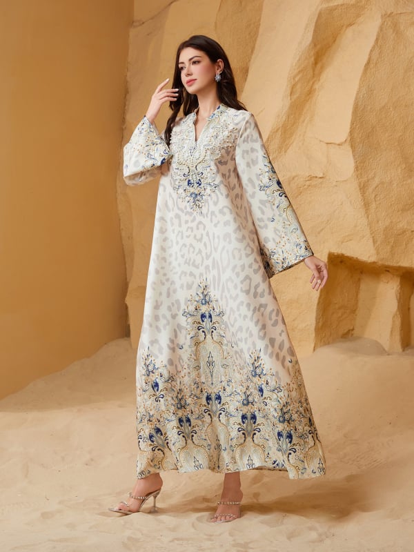 Sw1004 Abaya šaty s leopardím vzorom, s kryštálmi a perličkami, pre ženy, stredná dĺžka, zvonové rukávy