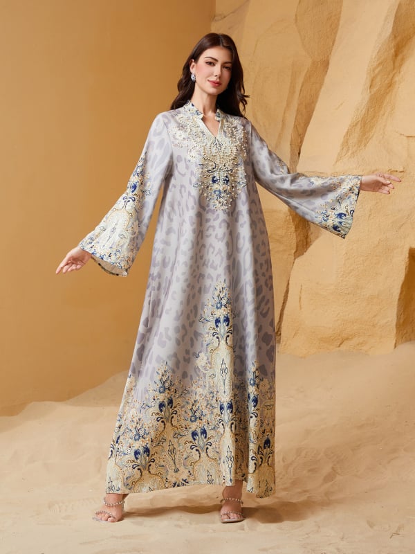 Sw1004 Abaya šaty s leopardím vzorom, s kryštálmi a perličkami, pre ženy, stredná dĺžka, zvonové rukávy