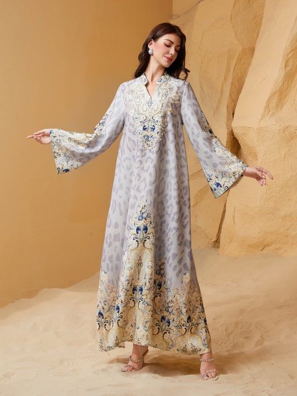 Sw1004 Abaya šaty s leopardím vzorom, s kryštálmi a perličkami, pre ženy, stredná dĺžka, zvonové rukávy