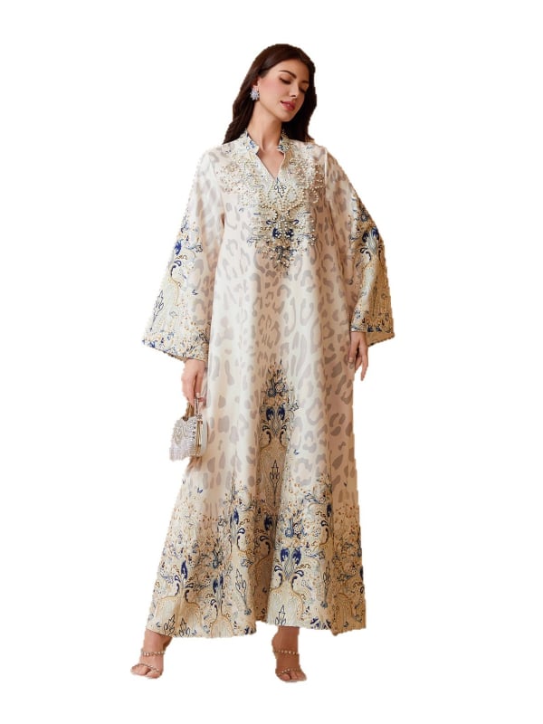 Sw1004 Abaya šaty s leopardím vzorom, s kryštálmi a perličkami, pre ženy, stredná dĺžka, zvonové rukávy