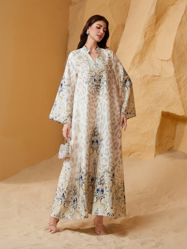 Sw1004 Abaya šaty s leopardím vzorom, s kryštálmi a perličkami, pre ženy, stredná dĺžka, zvonové rukávy