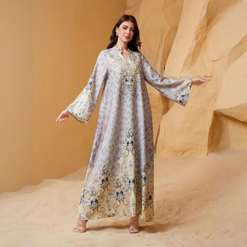 Sw1004 Abaya šaty s leopardím vzorom, s kryštálmi a perličkami, pre ženy, stredná dĺžka, zvonové rukávy