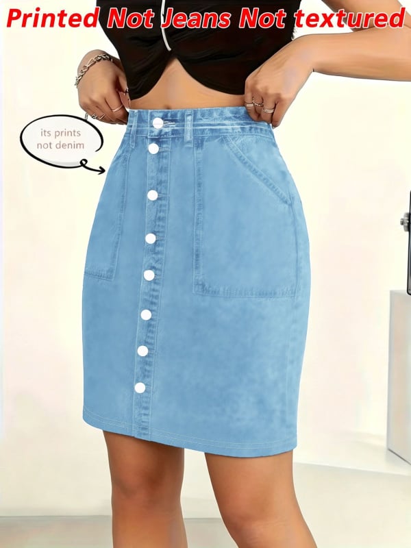 Dámska denim-look polovičná sukňa, stredná dĺžka, leto 2026, vysoká pružnosť