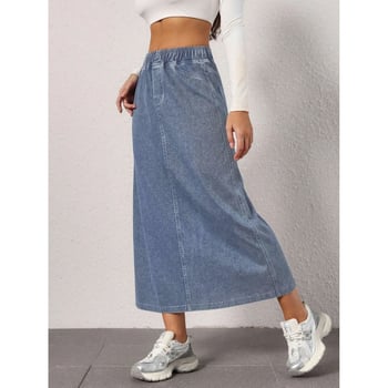 Dámska rifľová sukňa s rovnou siluetou, strednej dĺžky, umytá modrá, úzky strih, bavlnený denim