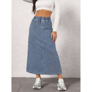 Dámska rifľová sukňa s rovnou siluetou, strednej dĺžky, umytá modrá, úzky strih, bavlnený denim