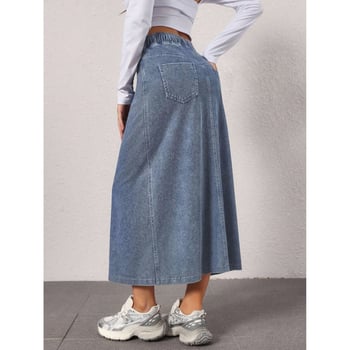 Dámska rifľová sukňa s rovnou siluetou, strednej dĺžky, umytá modrá, úzky strih, bavlnený denim