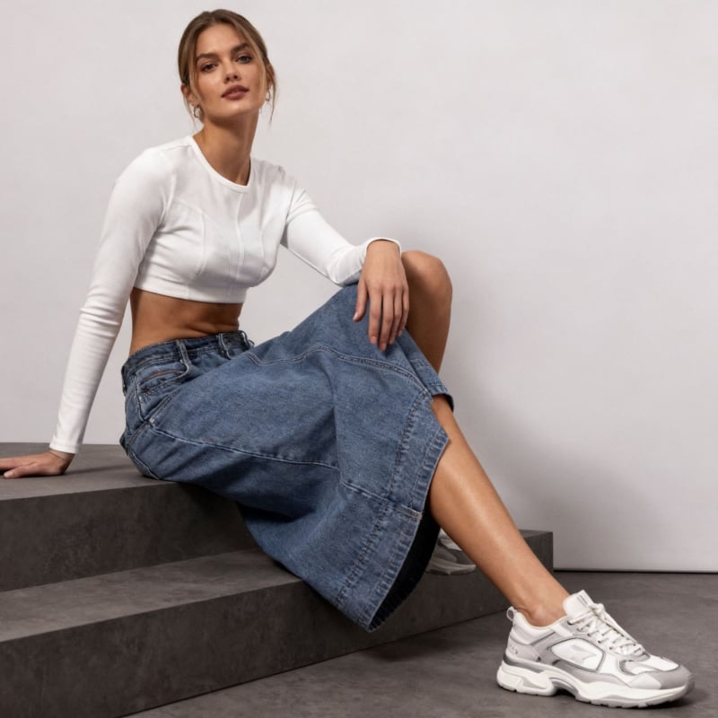 Dámska rifľová sukňa s rovnou siluetou, strednej dĺžky, umytá modrá, úzky strih, bavlnený denim