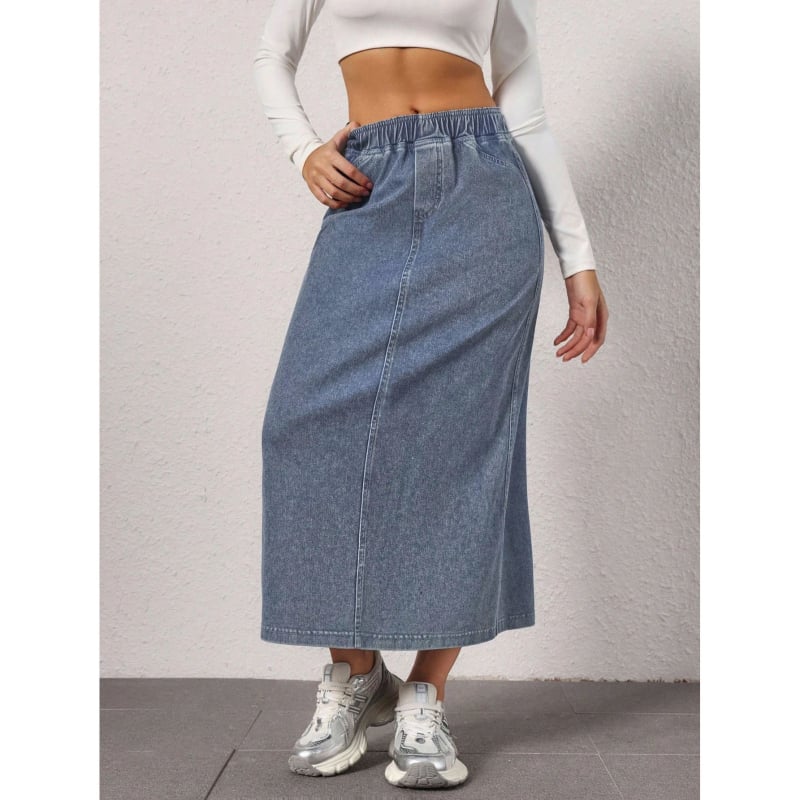 Dámska rifľová sukňa s rovnou siluetou, strednej dĺžky, umytá modrá, úzky strih, bavlnený denim