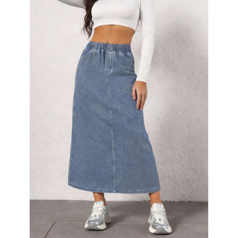 Dámska rifľová sukňa s rovnou siluetou, strednej dĺžky, umytá modrá, úzky strih, bavlnený denim