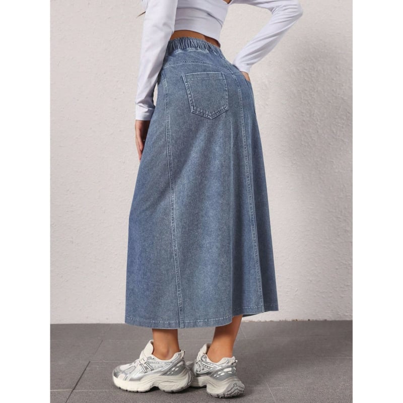 Dámska rifľová sukňa s rovnou siluetou, strednej dĺžky, umytá modrá, úzky strih, bavlnený denim