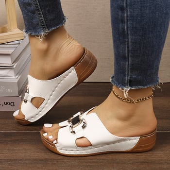 Sandale dama cu toc wedge, mărime mare, cataramă decorativă, talpă groasă, vară 2026