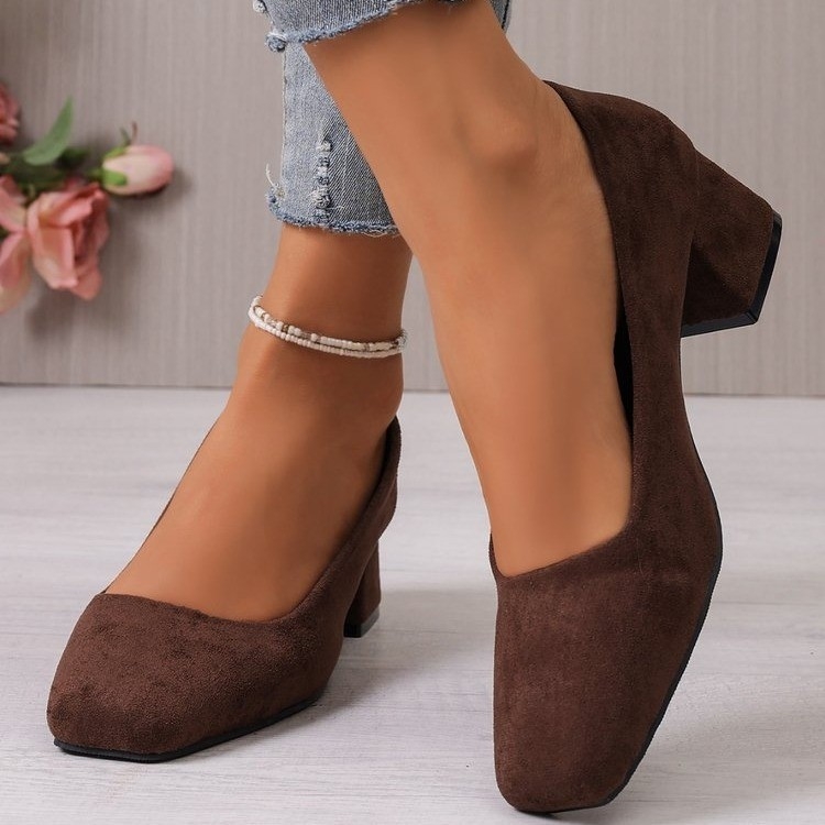 Γυναικεία slip-on παπούτσια με ψηλό τακούνι, φαρδύ τετράγωνη μύτη, σουέντ επάνω, κορεατικό στυλ, μεγάλο μέγεθος, μόδα Άνοιξη-Φθινόπωρο