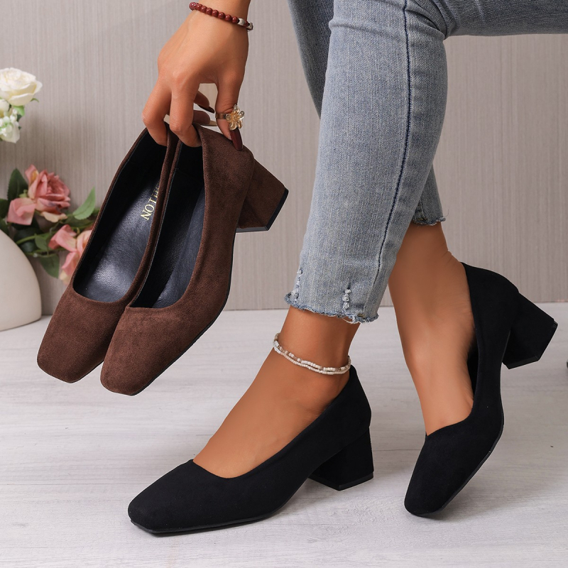 Γυναικεία slip-on παπούτσια με ψηλό τακούνι, φαρδύ τετράγωνη μύτη, σουέντ επάνω, κορεατικό στυλ, μεγάλο μέγεθος, μόδα Άνοιξη-Φθινόπωρο