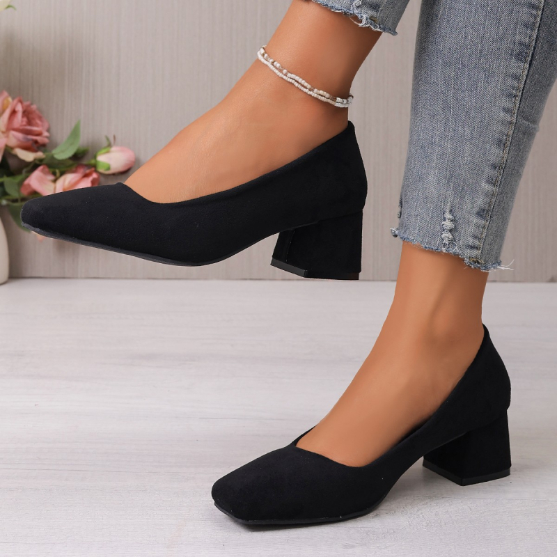 Γυναικεία slip-on παπούτσια με ψηλό τακούνι, φαρδύ τετράγωνη μύτη, σουέντ επάνω, κορεατικό στυλ, μεγάλο μέγεθος, μόδα Άνοιξη-Φθινόπωρο