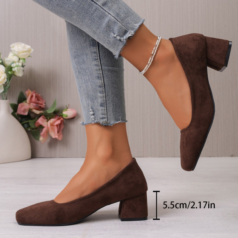 Γυναικεία slip-on παπούτσια με ψηλό τακούνι, φαρδύ τετράγωνη μύτη, σουέντ επάνω, κορεατικό στυλ, μεγάλο μέγεθος, μόδα Άνοιξη-Φθινόπωρο