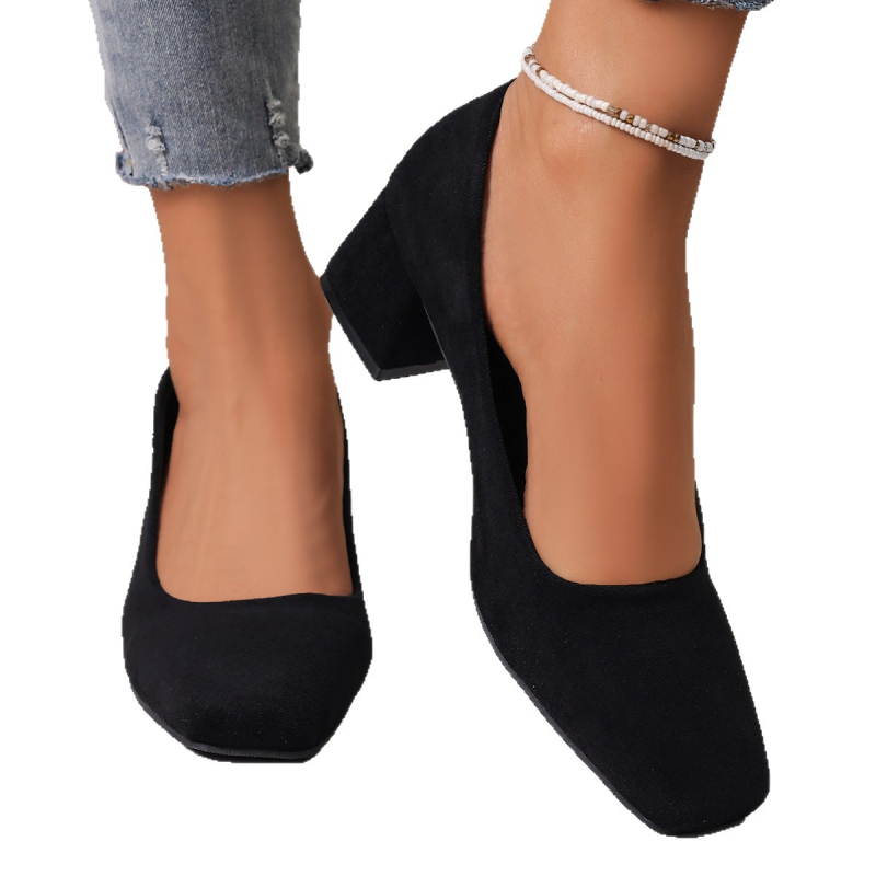 Γυναικεία slip-on παπούτσια με ψηλό τακούνι, φαρδύ τετράγωνη μύτη, σουέντ επάνω, κορεατικό στυλ, μεγάλο μέγεθος, μόδα Άνοιξη-Φθινόπωρο