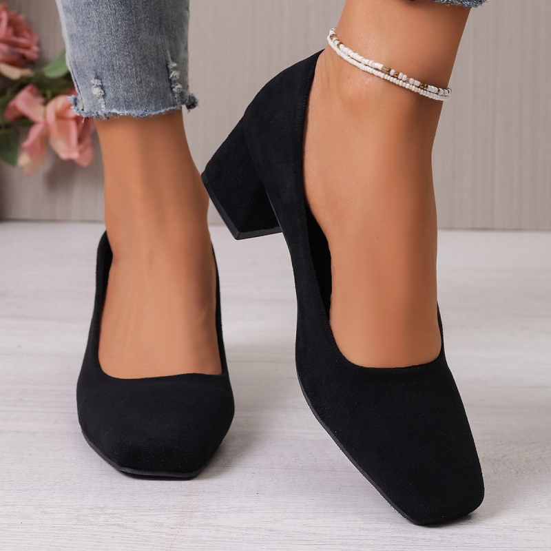 Γυναικεία slip-on παπούτσια με ψηλό τακούνι, φαρδύ τετράγωνη μύτη, σουέντ επάνω, κορεατικό στυλ, μεγάλο μέγεθος, μόδα Άνοιξη-Φθινόπωρο