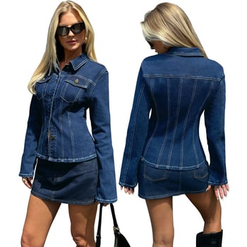 Denim anyagú felső, derékvonalat kiemelő, hosszú ujjú, galléros