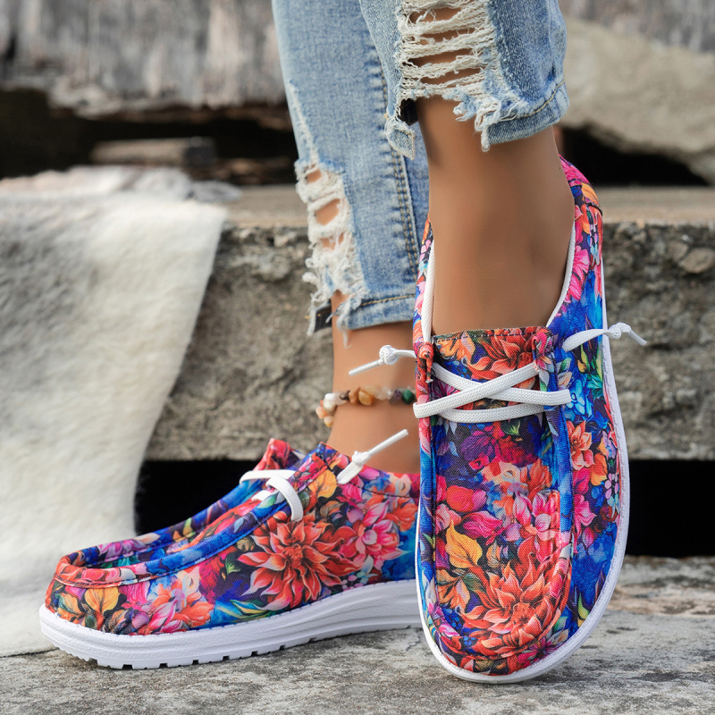 Γυναικείες φλοράλ sneakers με κορδόνια μπροστά, χαμηλό προφίλ, μεγάλο μέγεθος, casual Ευρωπαϊκό και Αμερικανικό στυλ.