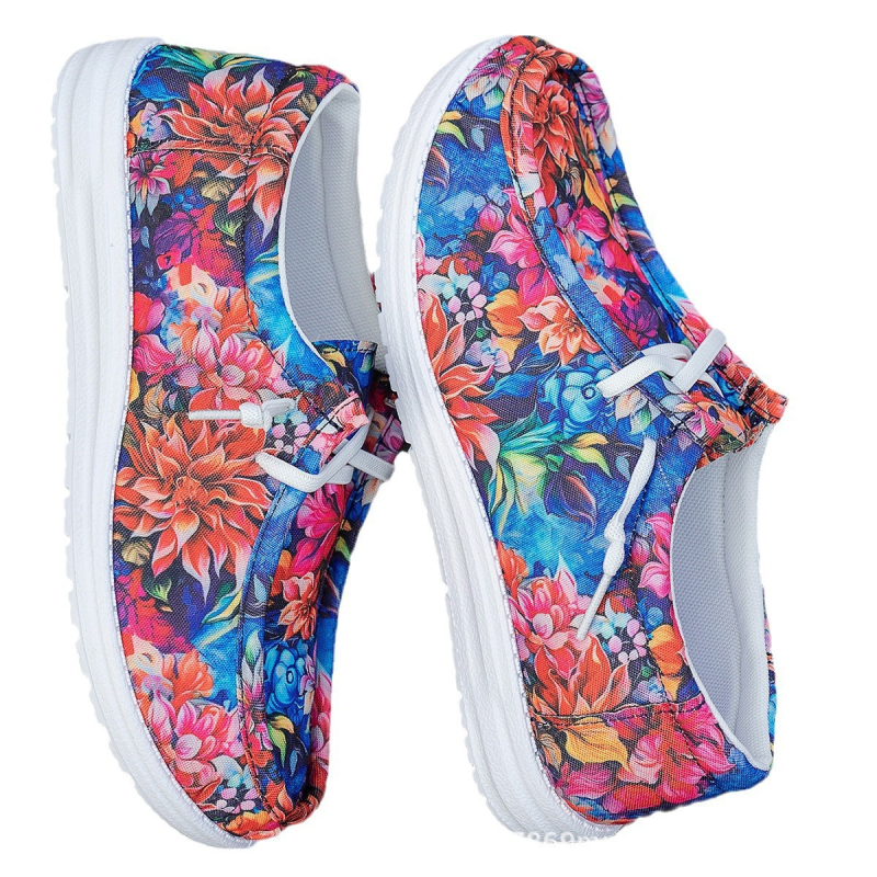 Γυναικείες φλοράλ sneakers με κορδόνια μπροστά, χαμηλό προφίλ, μεγάλο μέγεθος, casual Ευρωπαϊκό και Αμερικανικό στυλ.