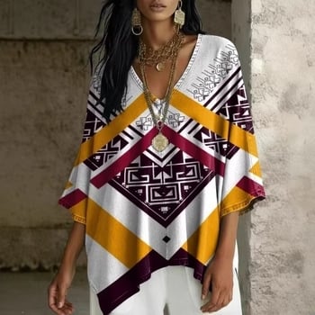 Boho potlač, V výstrih, batwing rukávy, voľný strih, nepravidelný lem