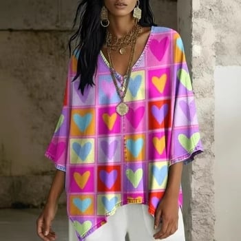 Boho potlač, V výstrih, batwing rukávy, voľný strih, nepravidelný lem