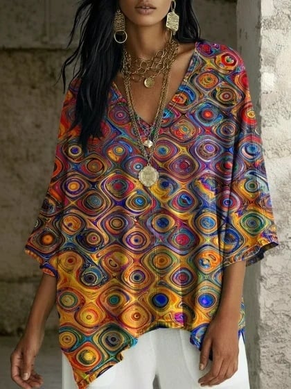 Boho potlač, V výstrih, batwing rukávy, voľný strih, nepravidelný lem