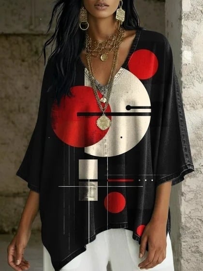 Boho potlač, V výstrih, batwing rukávy, voľný strih, nepravidelný lem
