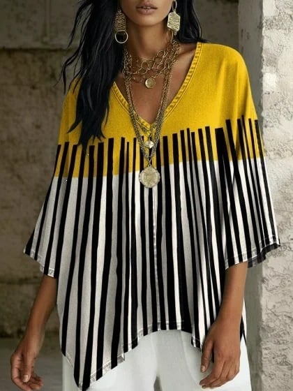 Boho potlač, V výstrih, batwing rukávy, voľný strih, nepravidelný lem