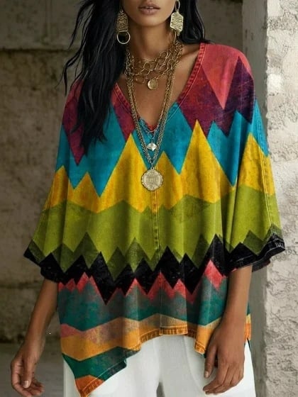 Boho potlač, V výstrih, batwing rukávy, voľný strih, nepravidelný lem