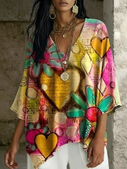 Boho potlač, V výstrih, batwing rukávy, voľný strih, nepravidelný lem