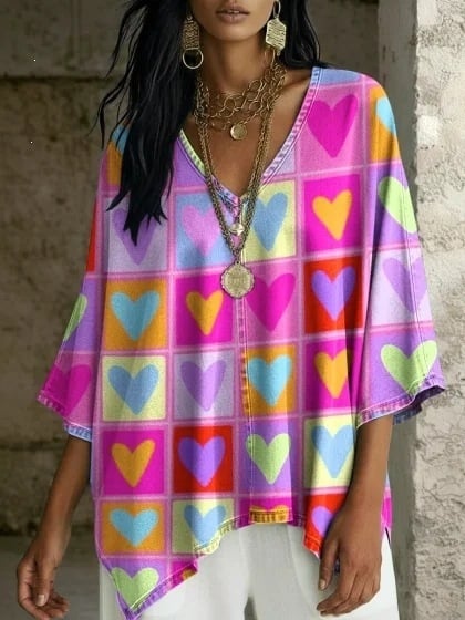 Boho potlač, V výstrih, batwing rukávy, voľný strih, nepravidelný lem