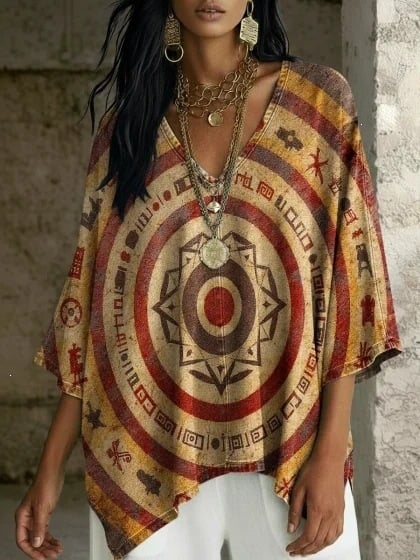 Boho potlač, V výstrih, batwing rukávy, voľný strih, nepravidelný lem