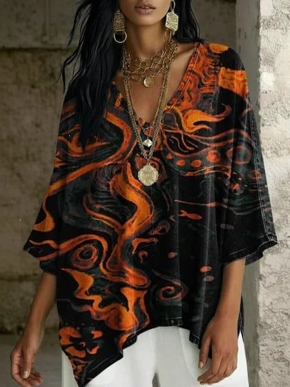 Boho potlač, V výstrih, batwing rukávy, voľný strih, nepravidelný lem