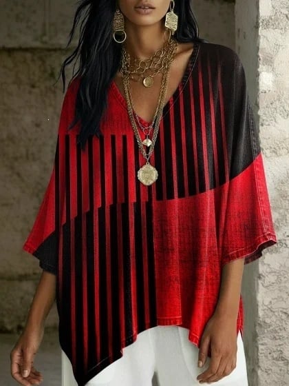 Boho potlač, V výstrih, batwing rukávy, voľný strih, nepravidelný lem