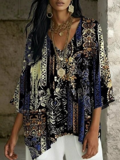 Boho potlač, V výstrih, batwing rukávy, voľný strih, nepravidelný lem