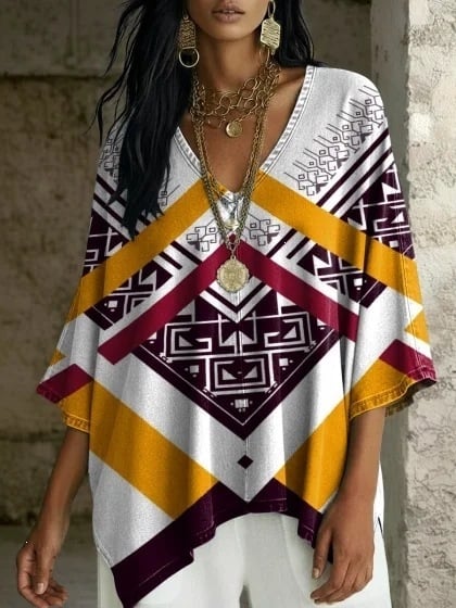 Boho potlač, V výstrih, batwing rukávy, voľný strih, nepravidelný lem