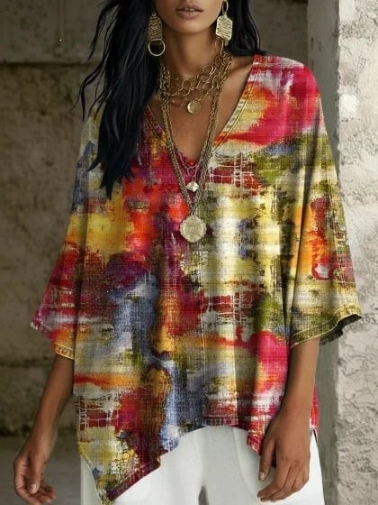 Boho potlač, V výstrih, batwing rukávy, voľný strih, nepravidelný lem