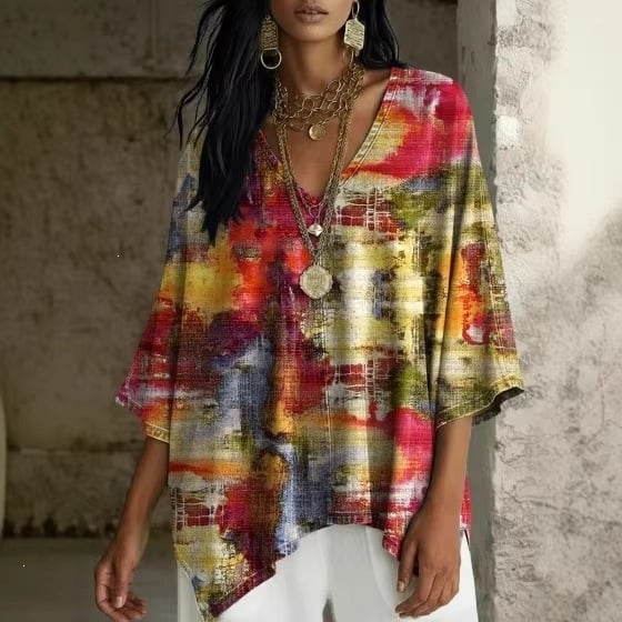 Boho potlač, V výstrih, batwing rukávy, voľný strih, nepravidelný lem