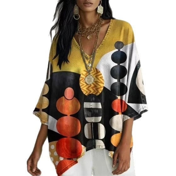 Boho potlač, V výstrih, batwing rukávy, voľný strih, nepravidelný lem