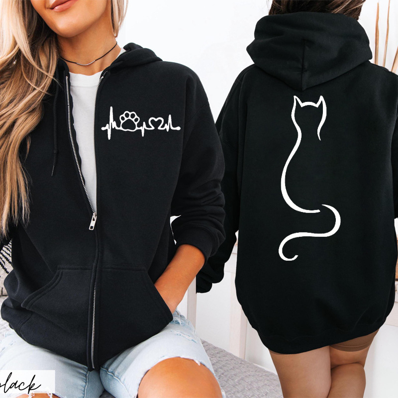 Unisex hoodie με εκτύπωση γάτας και φερμουάρ, μοντέλο 1009