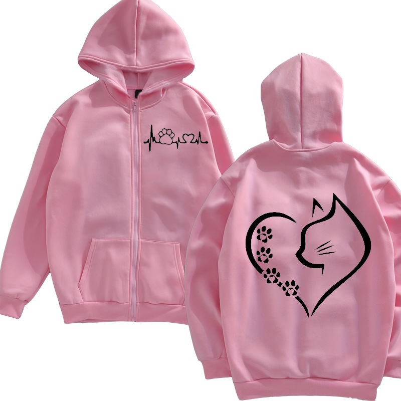 Unisex hoodie με εκτύπωση γάτας και φερμουάρ, μοντέλο 1009