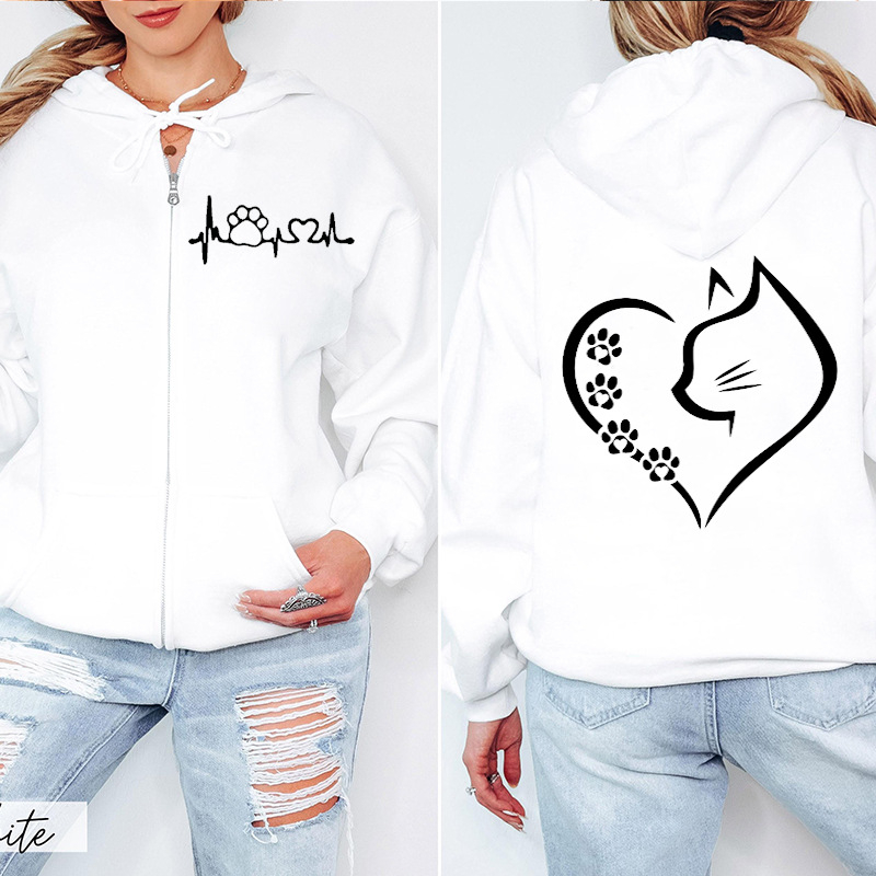Unisex hoodie με εκτύπωση γάτας και φερμουάρ, μοντέλο 1009