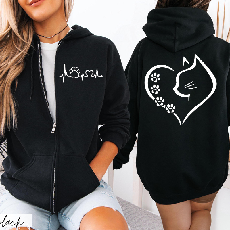 Unisex hoodie με εκτύπωση γάτας και φερμουάρ, μοντέλο 1009