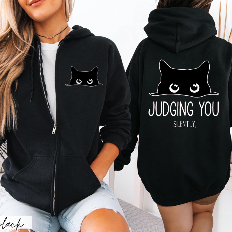 Unisex hoodie με εκτύπωση γάτας και φερμουάρ, μοντέλο 1009