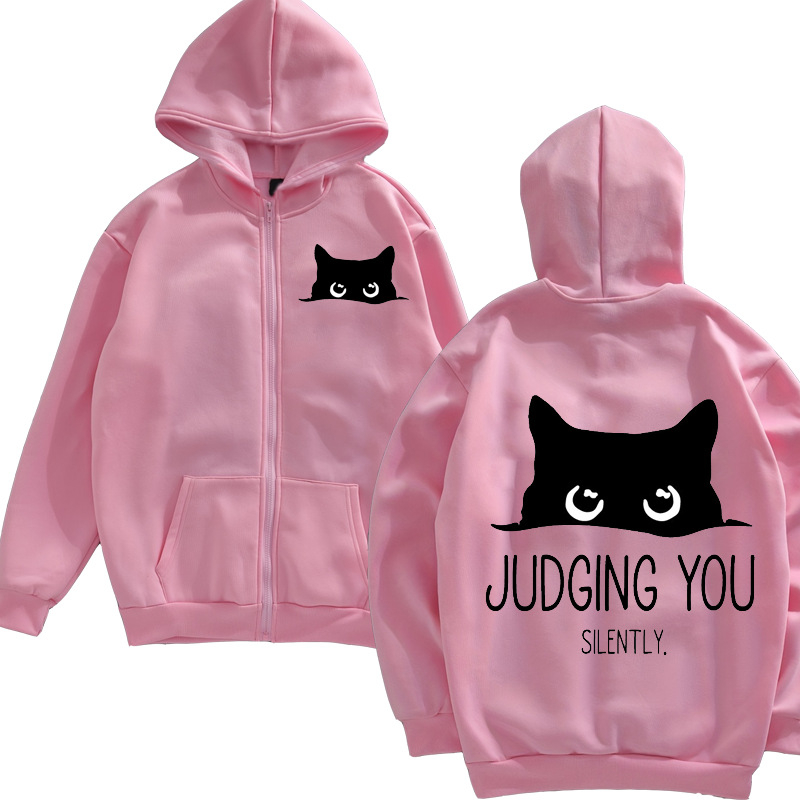 Unisex hoodie με εκτύπωση γάτας και φερμουάρ, μοντέλο 1009