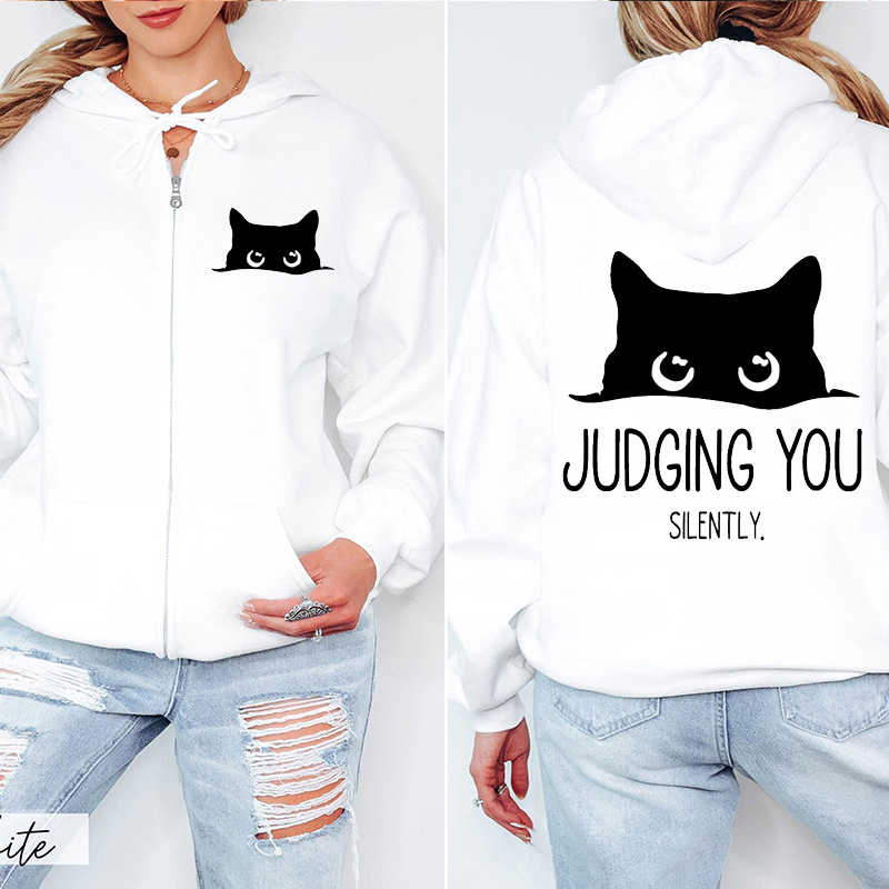 Unisex hoodie με εκτύπωση γάτας και φερμουάρ, μοντέλο 1009