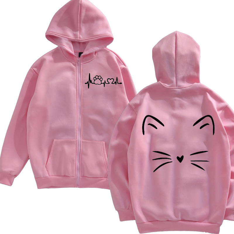 Unisex hoodie με εκτύπωση γάτας και φερμουάρ, μοντέλο 1009